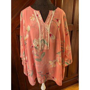 Belle Kim Gravel Floral Sheer Pink Bell Sleeve Tunic Embellished V-Neck 2X